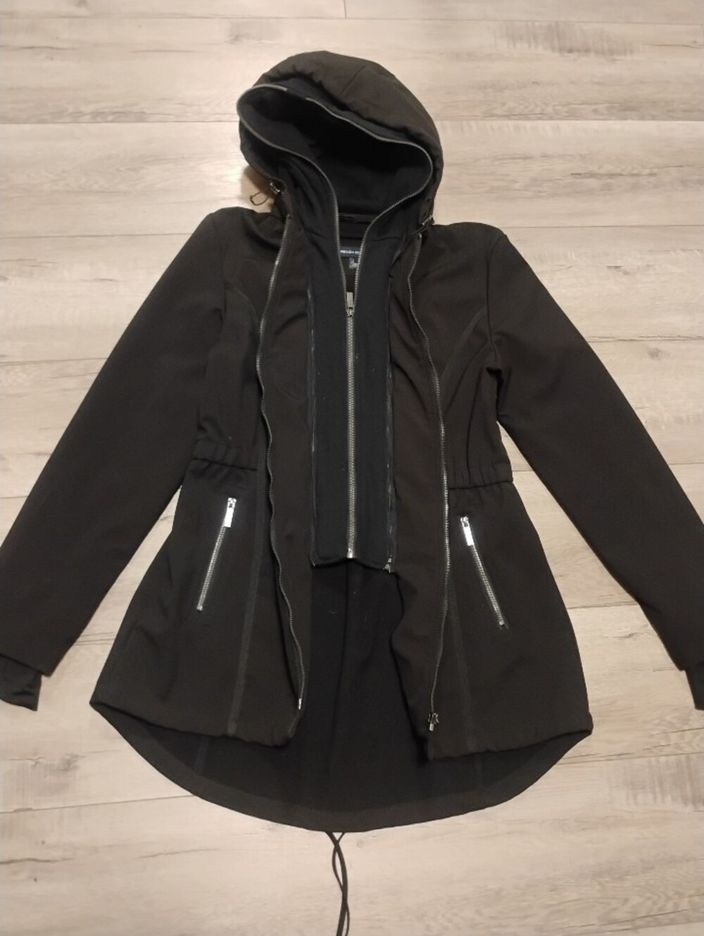 French Connection Women's Double Zip Hooded Anorak Parka Coat Size Large Black